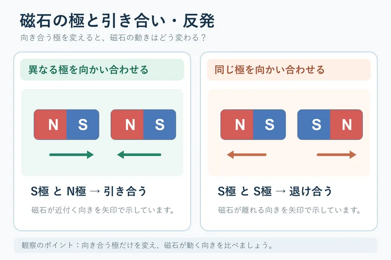 磁石の極と引き合い・反発（小学校3年理科「磁石の性質」の図）