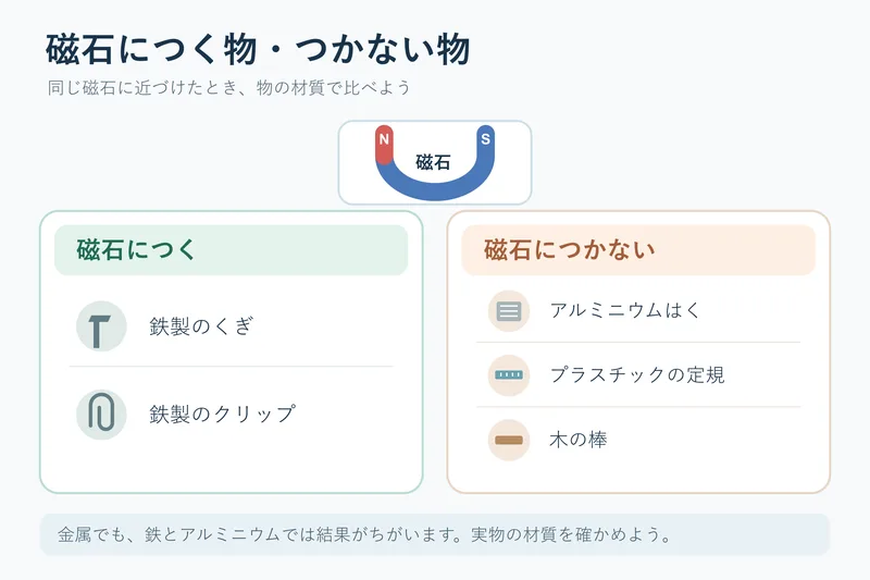磁石につく物・つかない物（小学校3年理科「磁石の性質」の図）