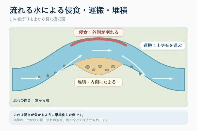 流れる水による侵食・運搬・堆積（小学校5年理科「流れる水の働きと土地の変化」の図）