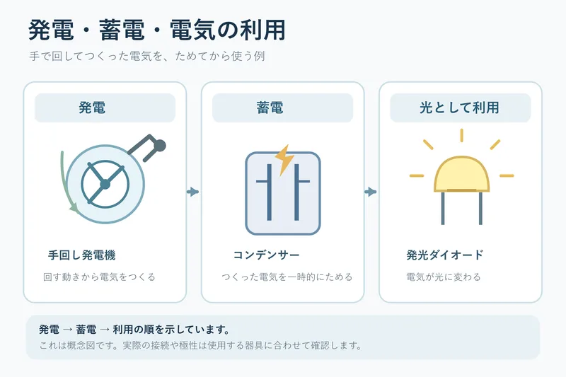 発電・蓄電・電気の利用（小学校6年理科「電気の利用」の図）