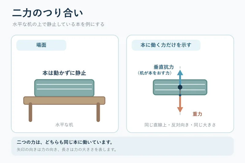 二力のつり合い（中学校1年理科「身近な物理現象」の図）