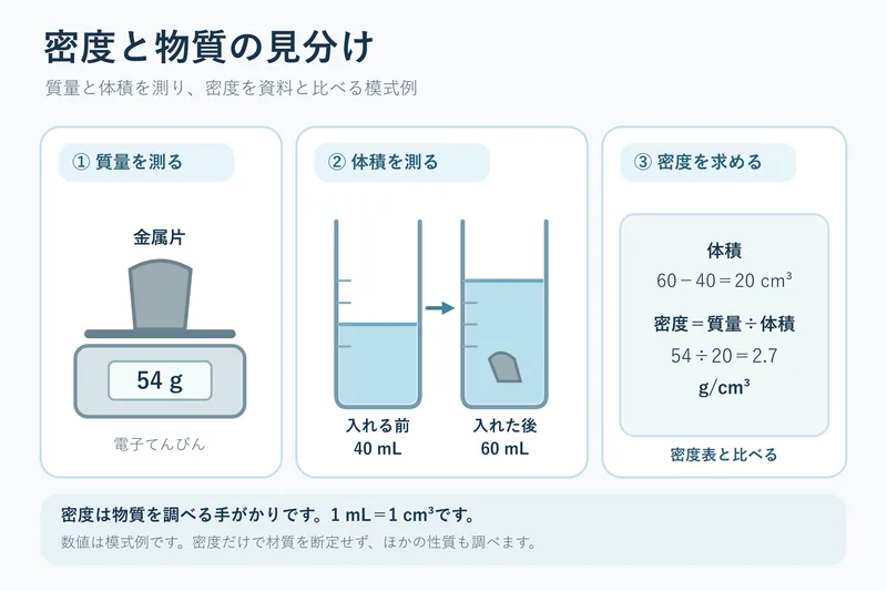密度と物質の見分け（中学校1年理科「身の回りの物質」の図）