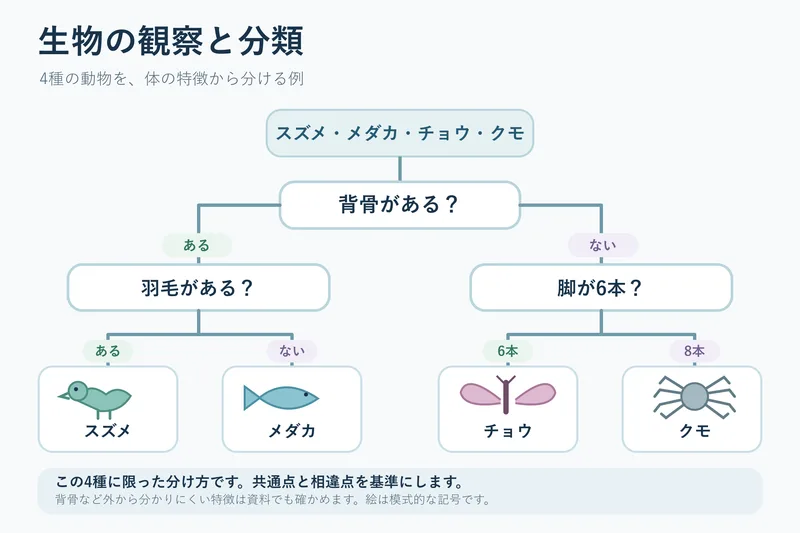 生物の観察と分類（中学校1年理科「いろいろな生物とその共通点」の図）