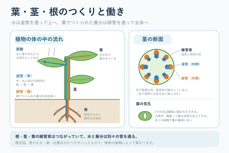 葉・茎・根のつくりと働き（中学校2年理科「生物の体のつくりと働き」の図）