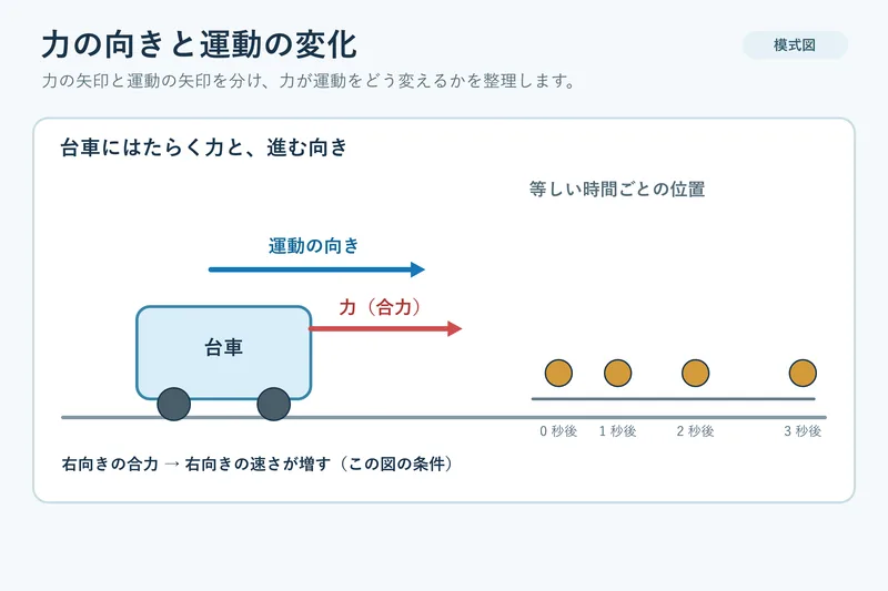 力の向きと運動の変化（中学校3年理科「運動とエネルギー」の図）