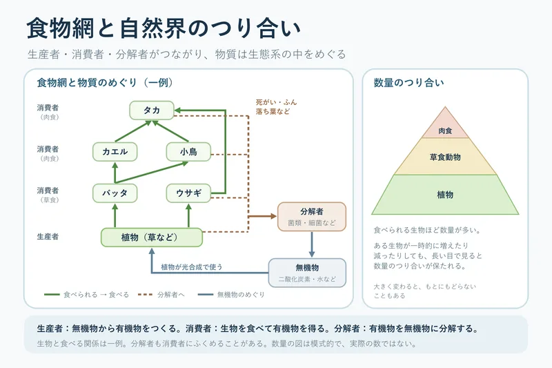 食物網と自然界のつり合い（中学校3年理科「自然と人間」の図）
