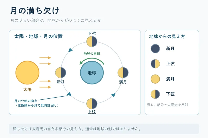 月の満ち欠け（中学校3年理科「地球と宇宙」の図）