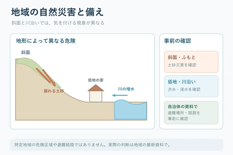 地域の自然災害と備え（中学校3年理科「自然と人間」の図）