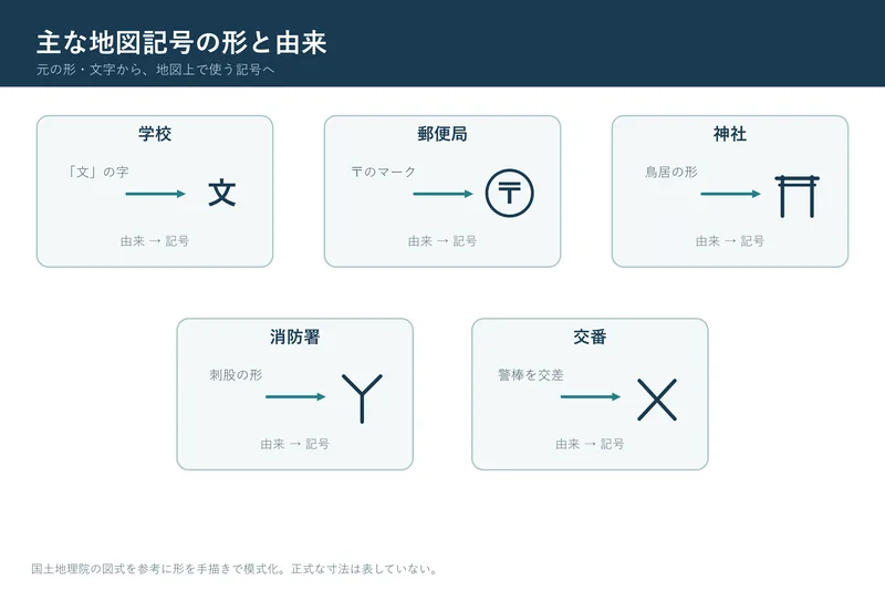 主な地図記号の形と由来（小学校3年社会「身近な地域や市区町村の様子」の図）