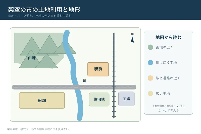 架空の市の土地利用と地形（小学校3年社会「身近な地域や市区町村の様子」の図）