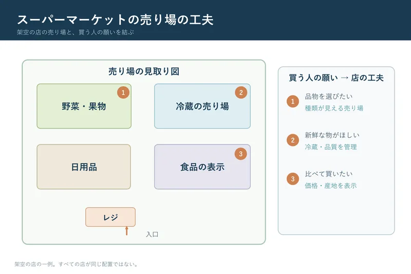 スーパーマーケットの売り場の工夫（小学校3年社会「地域に見られる生産や販売の仕事」の図）