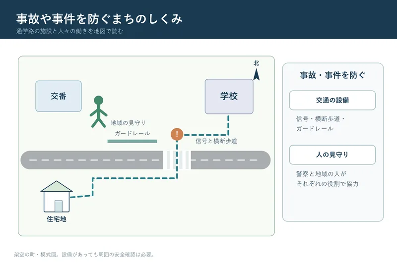 事故や事件を防ぐまちのしくみ（小学校3年社会「地域の安全を守る働き」の図）