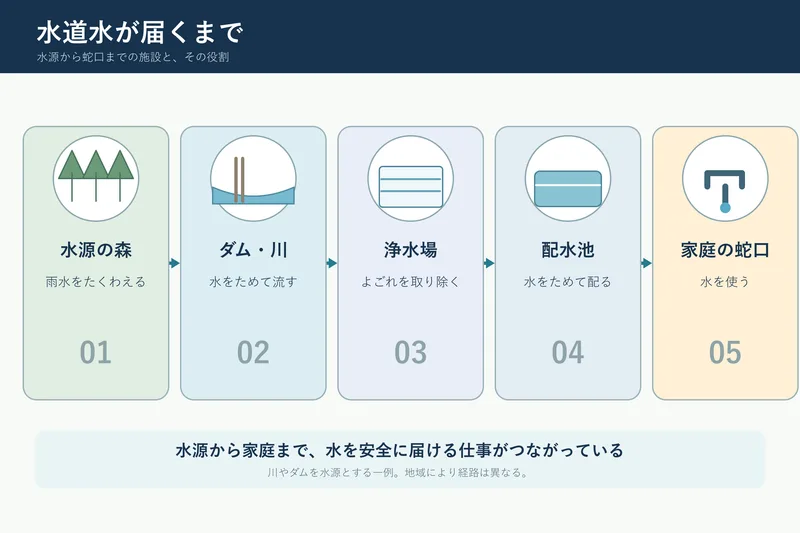 水道水が届くまで（小学校4年社会「人々の健康や生活環境を支える事業」の図）