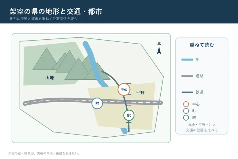 架空の県の地形と交通・都市（小学校4年社会「都道府県の様子」の図）