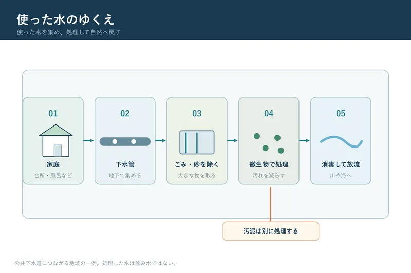 使った水のゆくえ（小学校4年社会「人々の健康や生活環境を支える事業」の図）