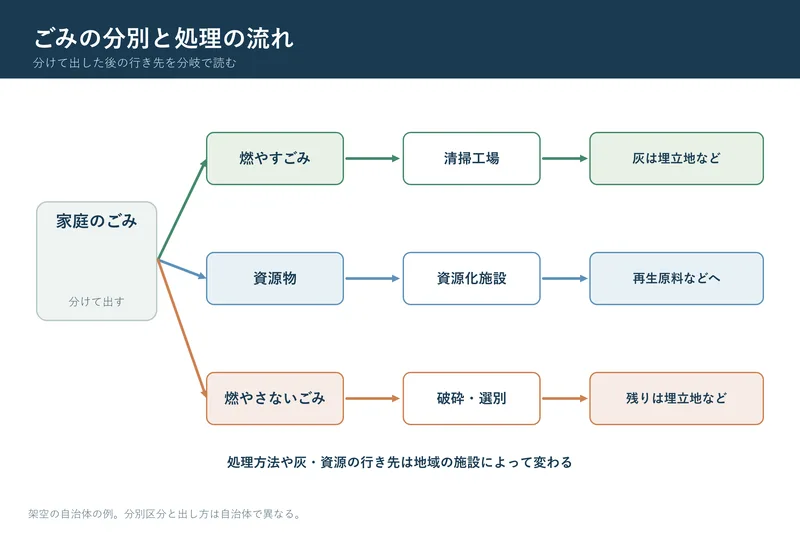 ごみの分別と処理の流れ（小学校4年社会「人々の健康や生活環境を支える事業」の図）