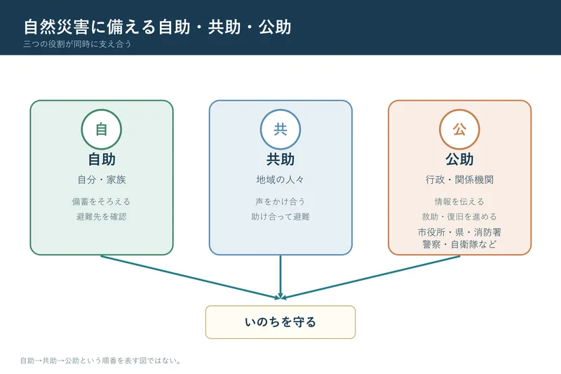 自然災害に備える自助・共助・公助（小学校4年社会「自然災害から人々を守る活動」の図）