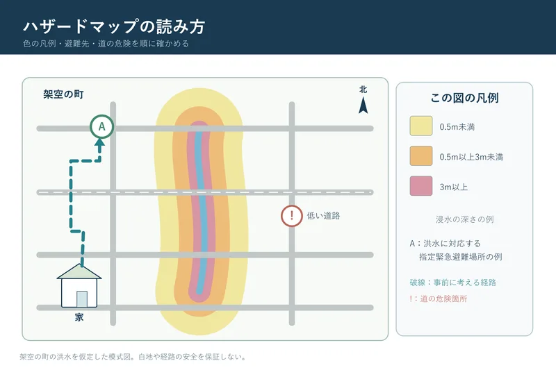ハザードマップの読み方（小学校4年社会「自然災害から人々を守る活動」の図）