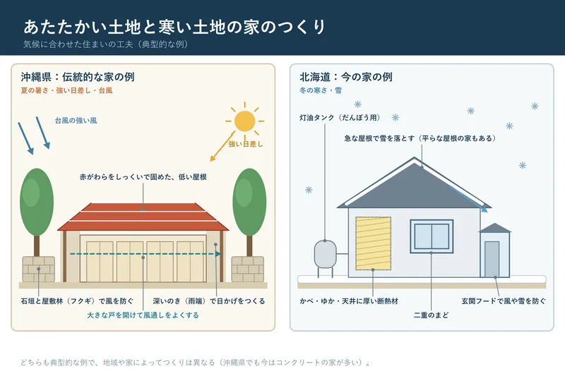 あたたかい土地と寒い土地の家のつくり（小学校5年社会「我が国の国土の様子と国民生活」の図）