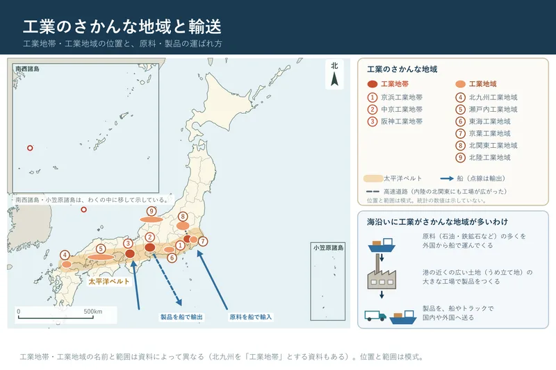工業のさかんな地域と輸送（小学校5年社会「我が国の工業生産」の図）