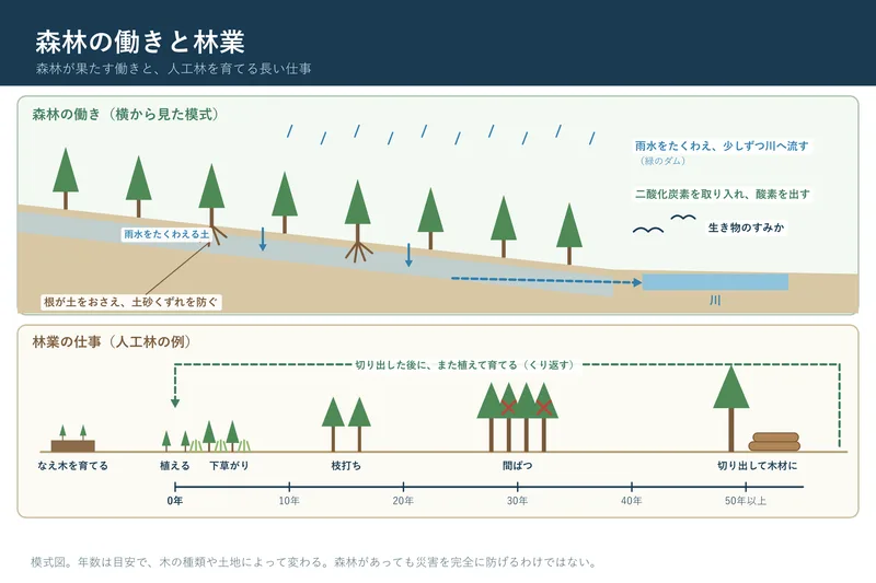 森林の働きと林業（小学校5年社会「我が国の国土の自然環境と国民生活との関連」の図）