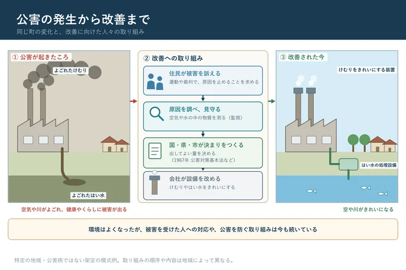 公害の発生から改善まで（小学校5年社会「我が国の国土の自然環境と国民生活との関連」の図）