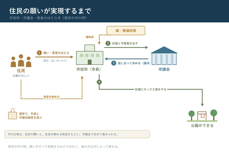 住民の願いが実現するまで（小学校6年社会「我が国の政治の働き」の図）