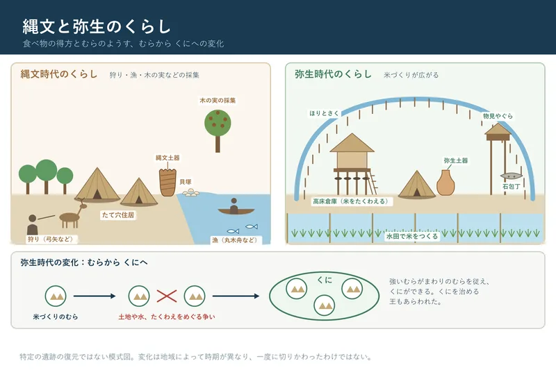 縄文と弥生のくらし（小学校6年社会「我が国の歴史上の主な事象」の図）