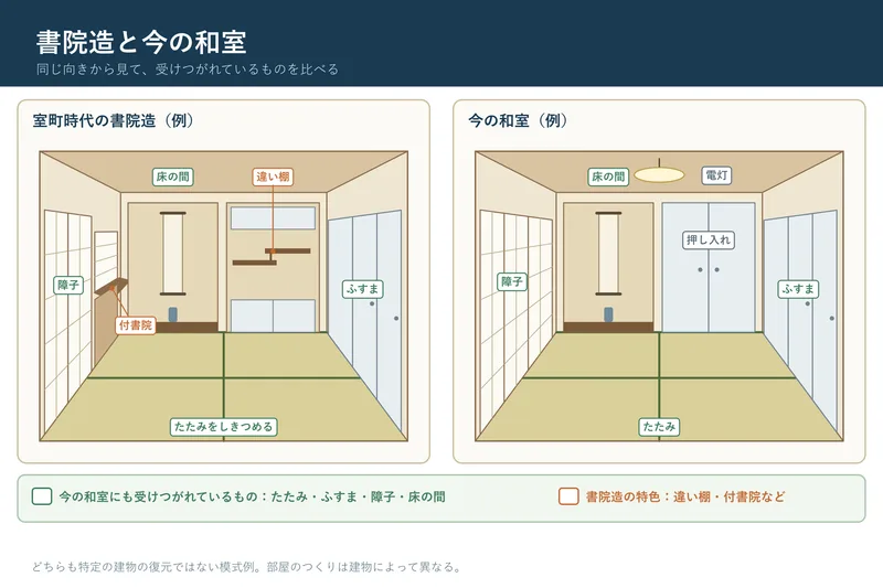 書院造と今の和室（小学校6年社会「我が国の歴史上の主な事象」の図）
