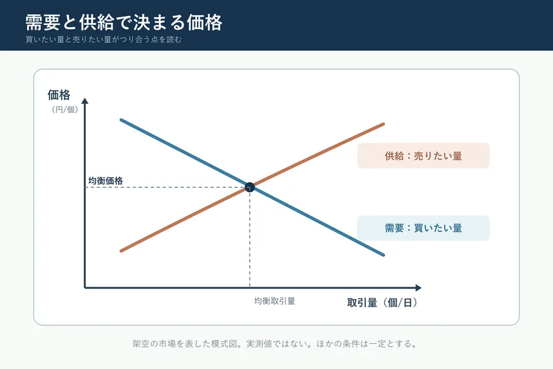 需要と供給で決まる価格（中学校公民「市場の働きと経済」の図）