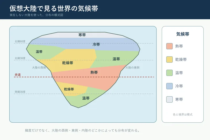 仮想大陸で見る世界の気候帯（中学校地理「世界各地の人々の生活と環境」の図）