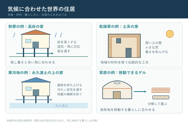 気候に合わせた世界の住居（中学校地理「世界各地の人々の生活と環境」の図）