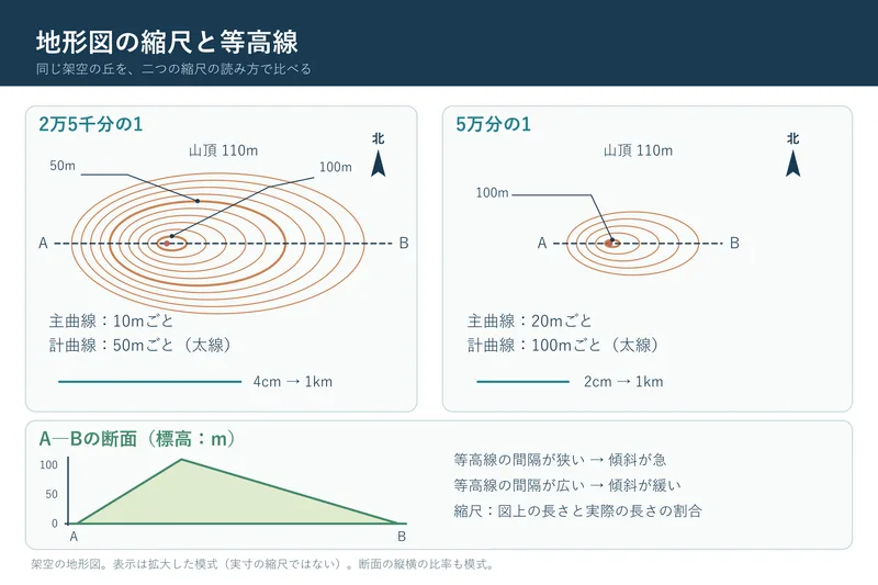 地形図の縮尺と等高線（中学校地理「地域調査の手法」の図）