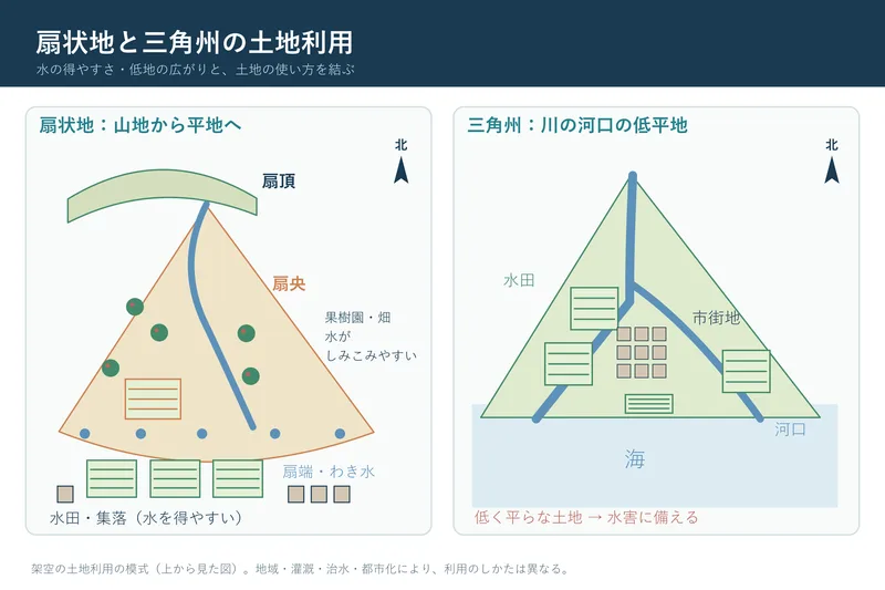 扇状地と三角州の土地利用（中学校地理「日本の地域的特色と地域区分」の図）